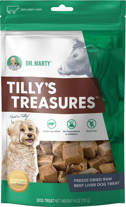 Front of Dr. Marty Tilly's Treasures Freeze-Dried Dog Treats Beef Liver 4-oz