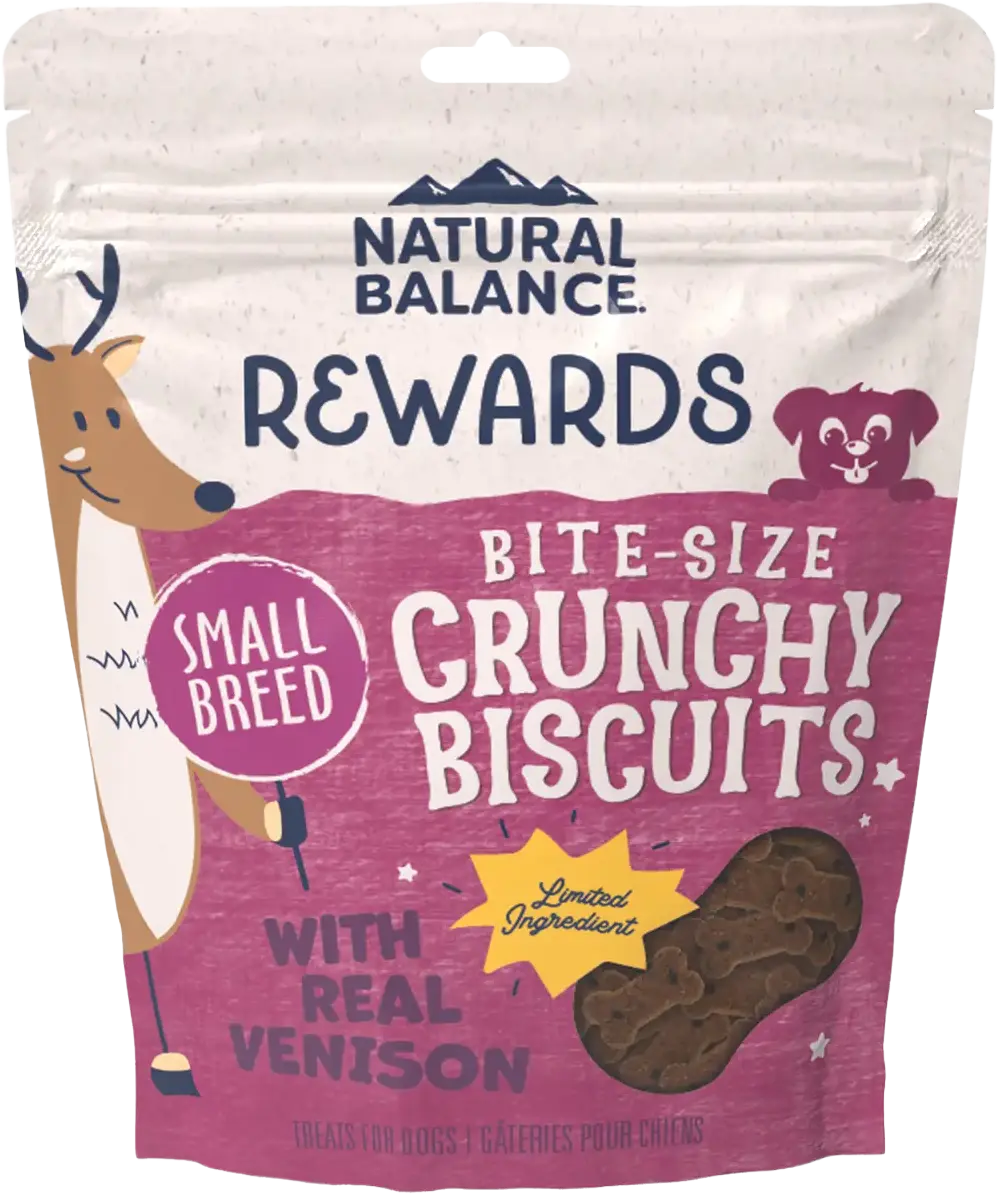 Front of Natural Balance Pet Foods Rewards Bite-Size Crunchy Biscuits Small Breed Dog Treats Venison 8-oz