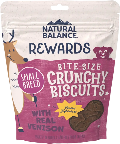 Front of Natural Balance Pet Foods Rewards Bite-Size Crunchy Biscuits Small Breed Dog Treats Venison 8-oz