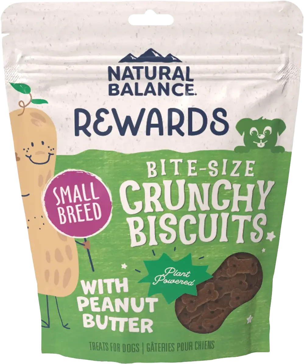 Front of Natural Balance Pet Foods Rewards Bite-Size Crunchy Biscuits Small Breed Dog Treats Peanut Butter 8-oz
