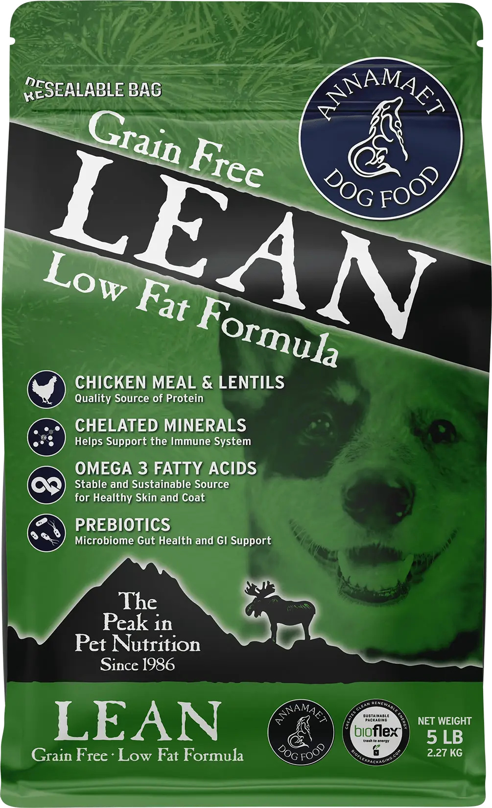 Front of Annamaet Grain-Free Lean Low Fat Formula Dry Dog Food Chicken, Duck & Herring 5-lb
