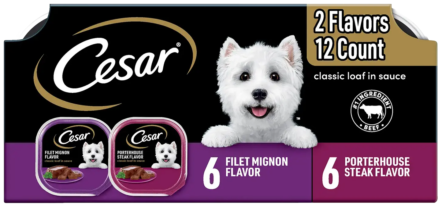 Front of Cesar Classic Loaf in Sauce Adult Wet Dog Food Variety Pack Filet Mignon & Porterhouse Steak 12 Count 42.3-oz