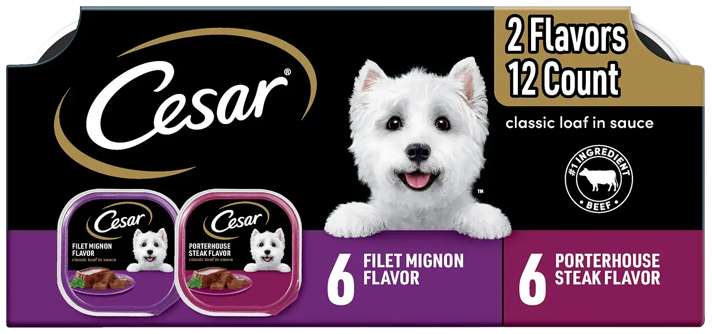 Front of Cesar Classic Loaf in Sauce Adult Wet Dog Food Variety Pack Filet Mignon & Porterhouse Steak 12 Count 42.3-oz