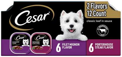 Front of Cesar Classic Loaf in Sauce Adult Wet Dog Food Variety Pack Filet Mignon & Porterhouse Steak 12 Count 42.3-oz