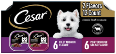 Cesar Classic Loaf in Sauce Adult Wet Dog Food Variety Pack Filet Mignon & Porterhouse Steak 12 Count 42.3-oz