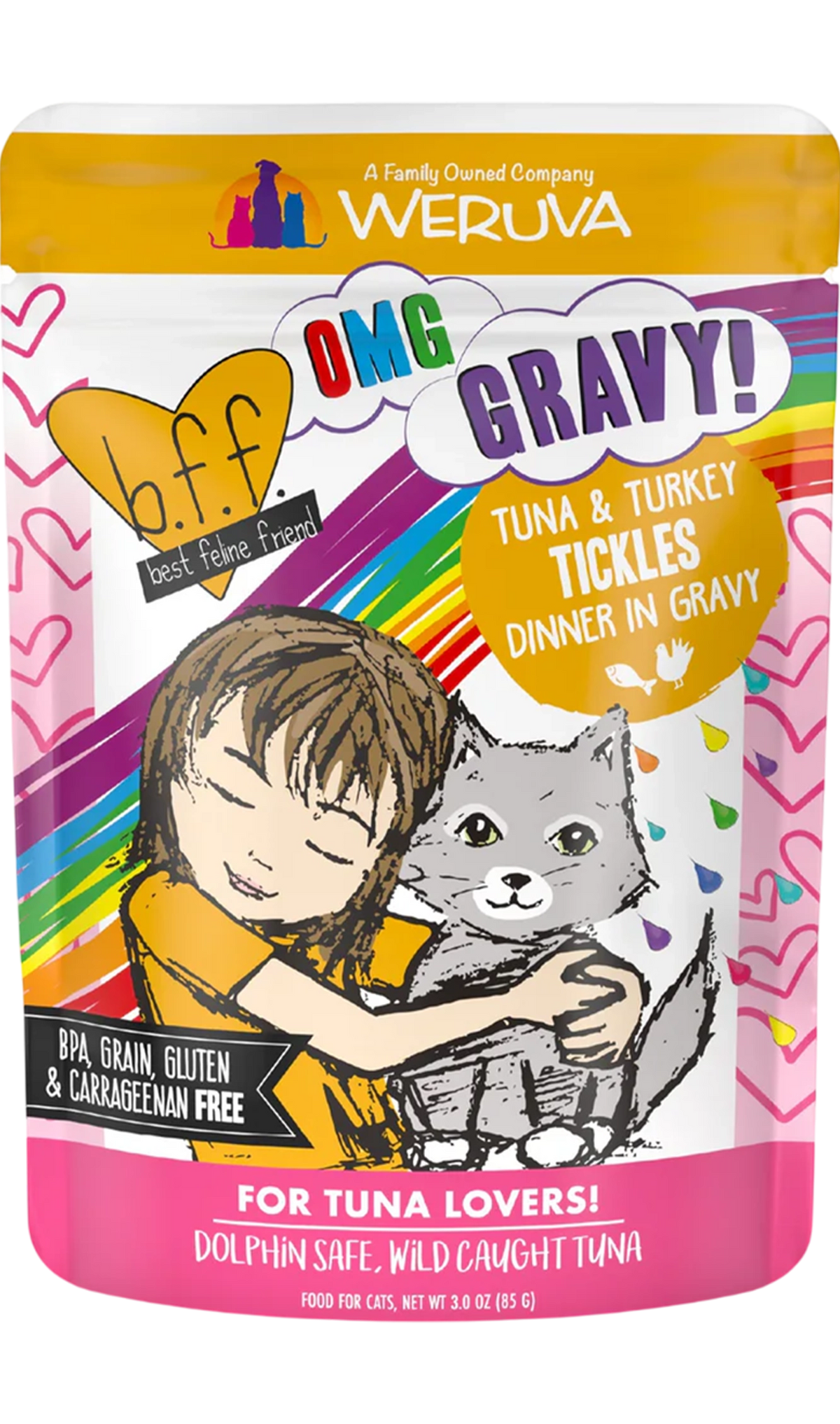Front of Weruva B.F.F. OMG Tuna & Turkey Tickles Dinner in Gravy Wet Cat Food Pouches 3-oz