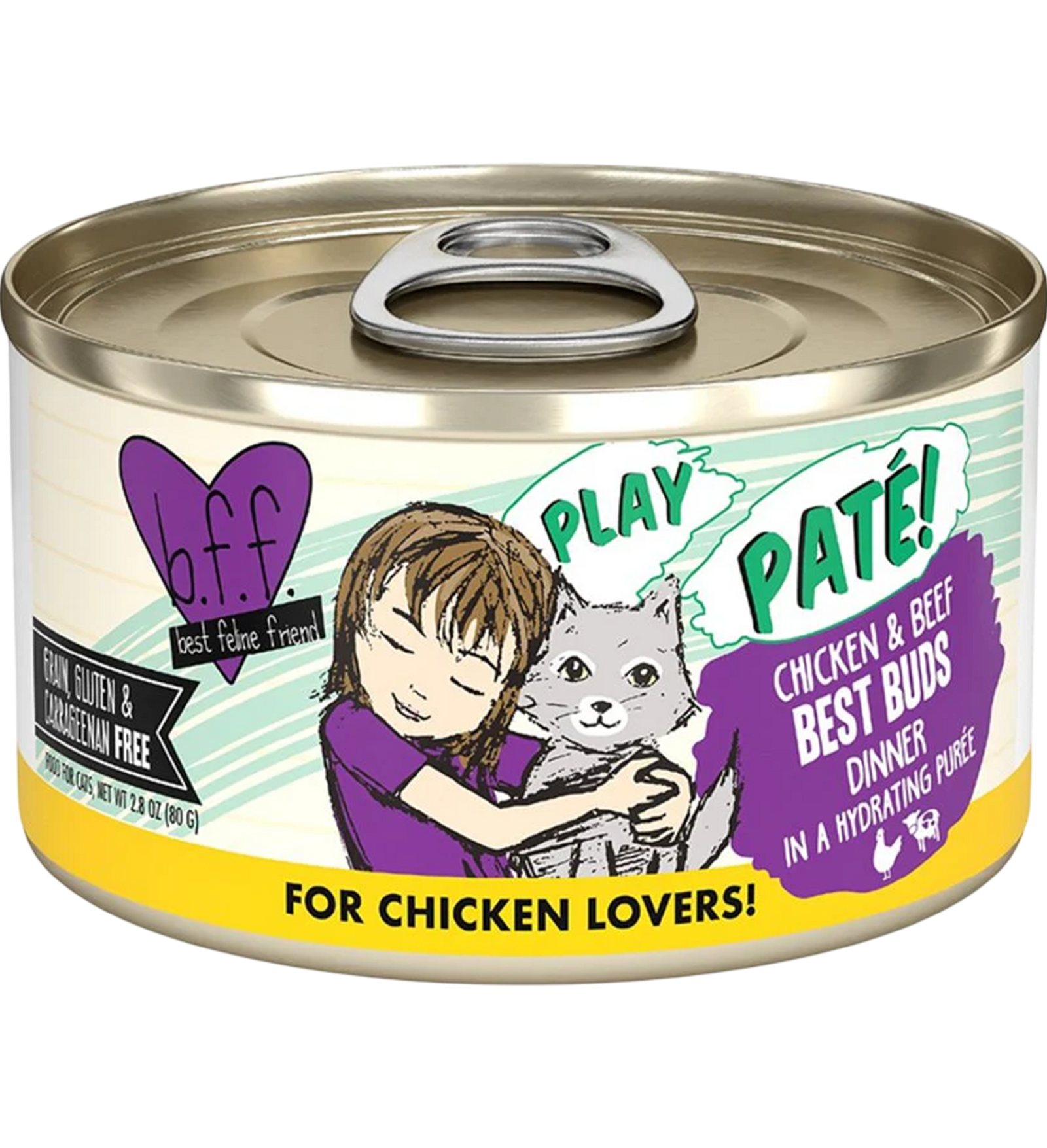 Front of Weruva B.F.F. PLAY Paté Chicken & Beef Best Buds Dinner in a Hydrating Purée Wet Cat Food 2.8-oz