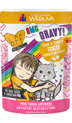 Front of Weruva B.F.F. OMG Tuna & Turkey Tickles Dinner in Gravy Wet Cat Food Pouches 3-oz
