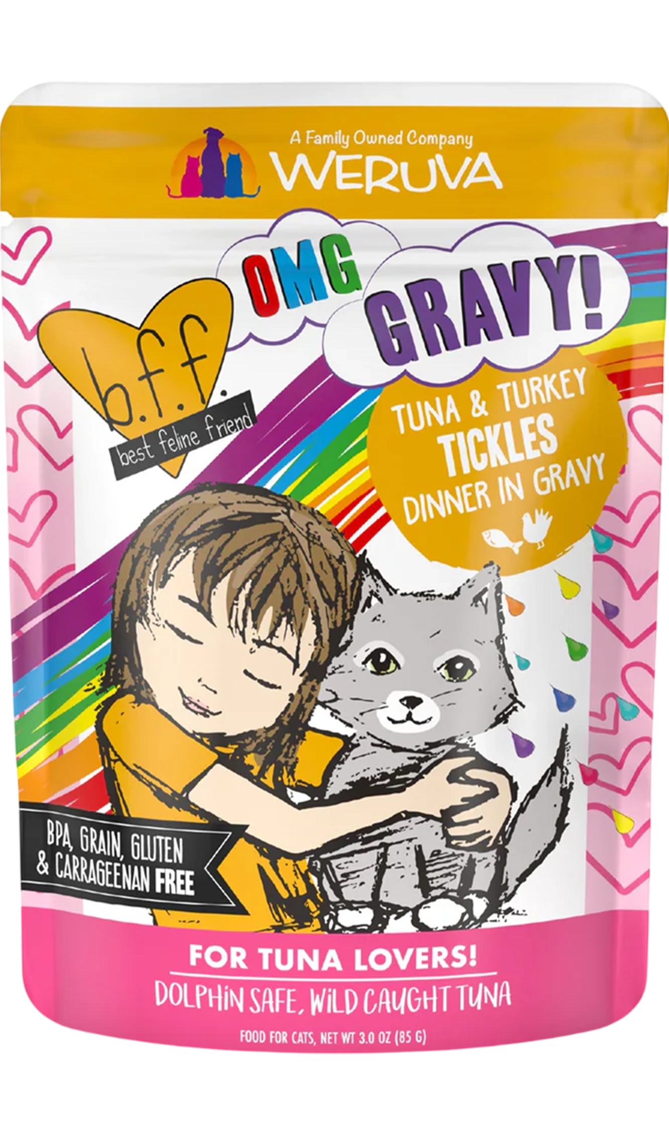 Front of Weruva B.F.F. OMG Tuna & Turkey Tickles Dinner in Gravy Wet Cat Food Pouches 3-oz