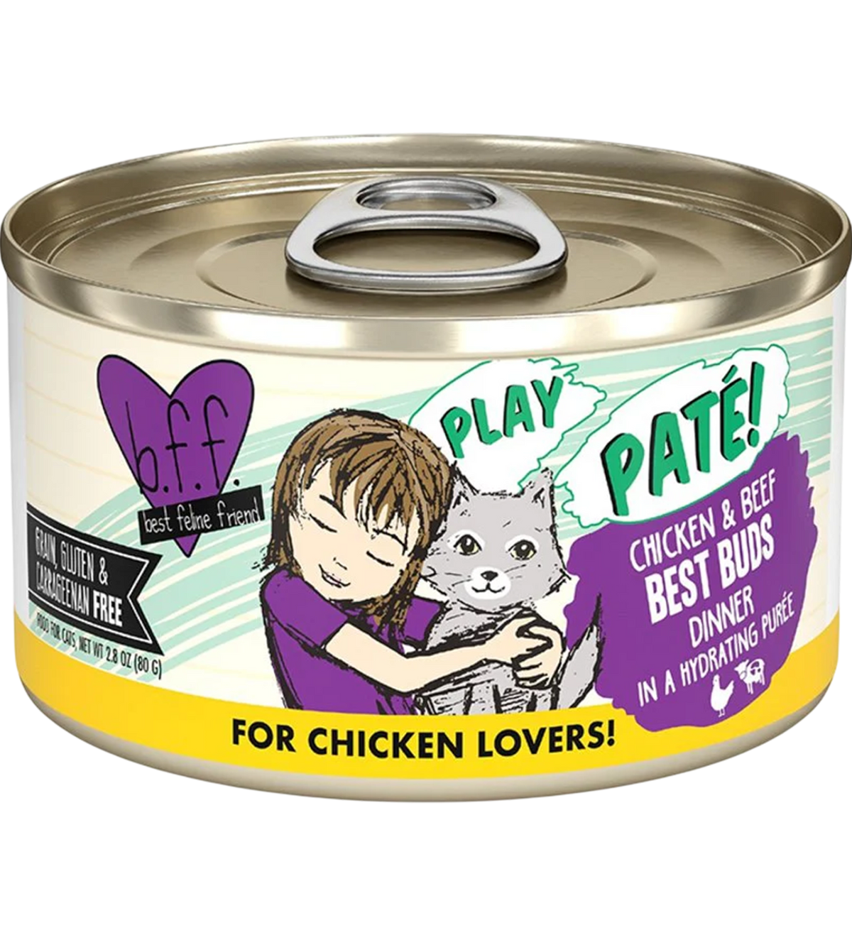 Front of Weruva B.F.F. PLAY Paté Chicken & Beef Best Buds Dinner in a Hydrating Purée Wet Cat Food 2.8-oz