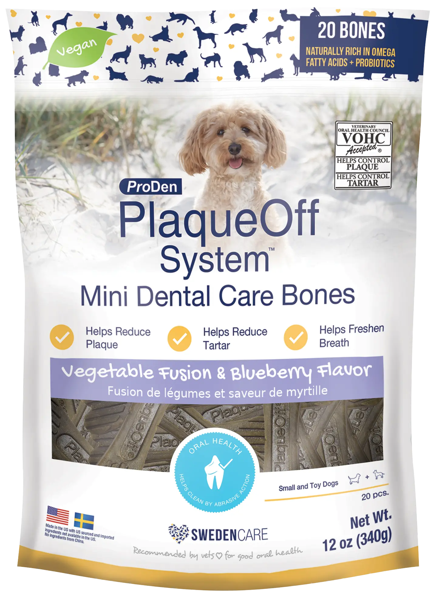 Front of  NaturVet Proden PlaqueOff System Dental Care Mini Dog Bones Vegetable Fusion & Blueberry 20 Count 12-oz