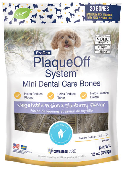Front of  NaturVet Proden PlaqueOff System Dental Care Mini Dog Bones Vegetable Fusion & Blueberry 20 Count 12-oz