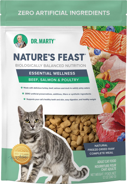 Front of Dr. Marty Nature's Feast Essential Wellness Premium Freeze-Dried Raw Adult Cat Food Poultry, Beef, & Salmon 12-oz