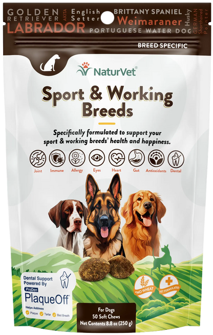 Front of NaturVet Sport & Working Breed-Specific Supplement Soft Chews for Dogs 50 Count 8.8-oz