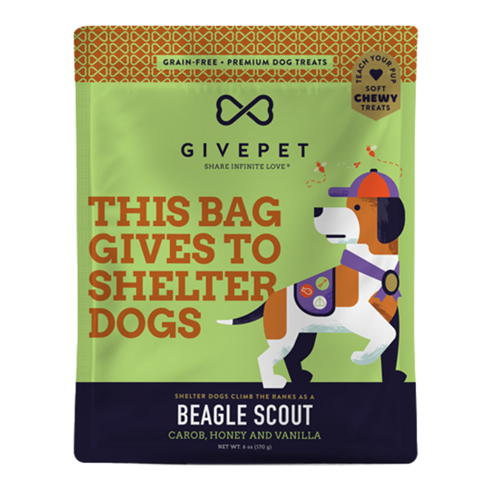 Front of Givepet Beagle Scout Grain-Free Premium Soft Chewy Dog Treats Carob, Honey & Vanilla 6-oz