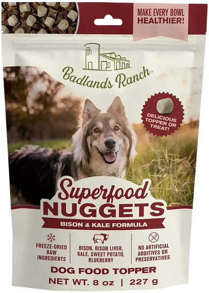 Front of Badlands Ranch Superfood Nuggets Freeze-Dried Raw Dog Treats Bison & Kale 8-oz