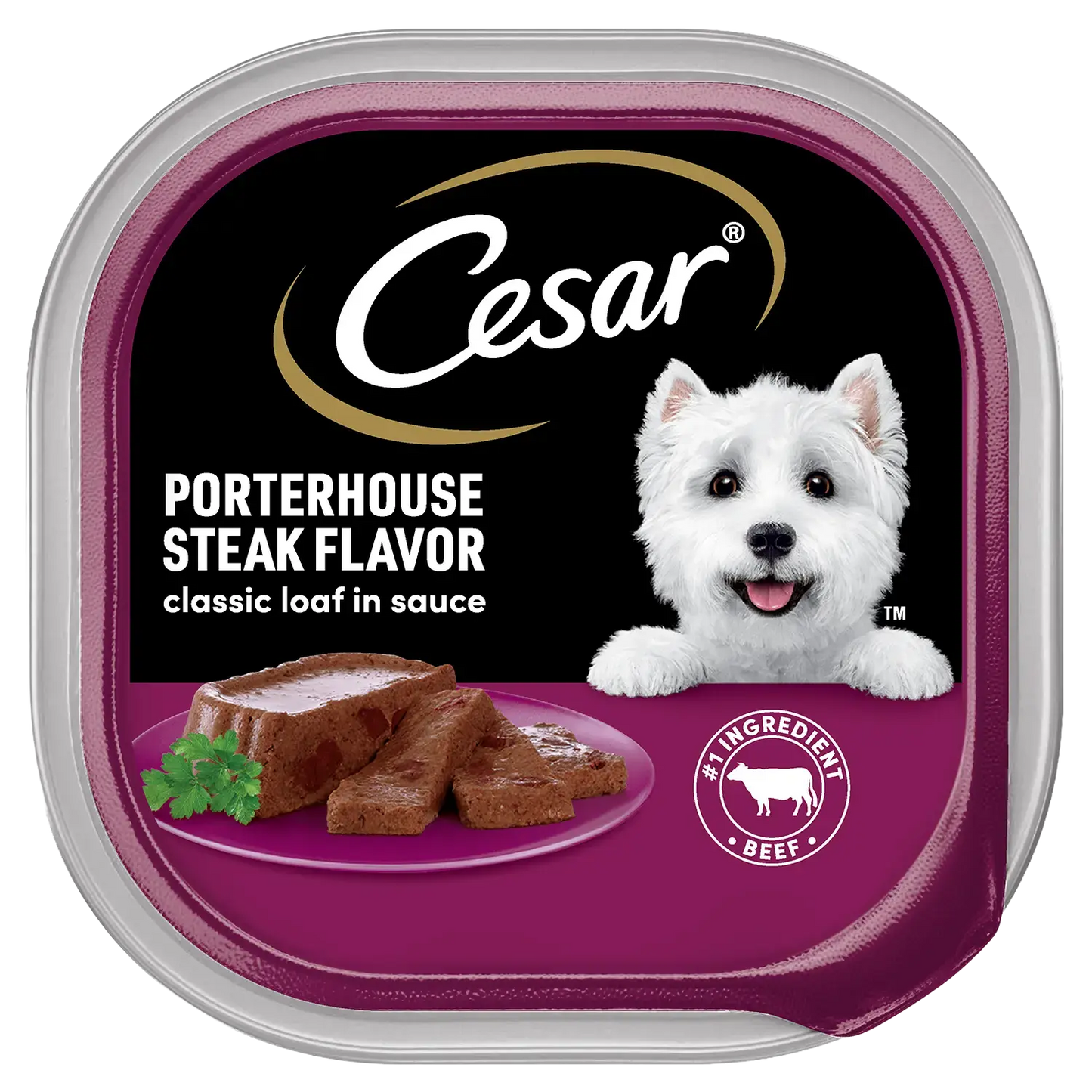 Front of Cesar Classic Loaf in Sauce Adult Wet Dog Food Porterhouse Steak 3.5-oz