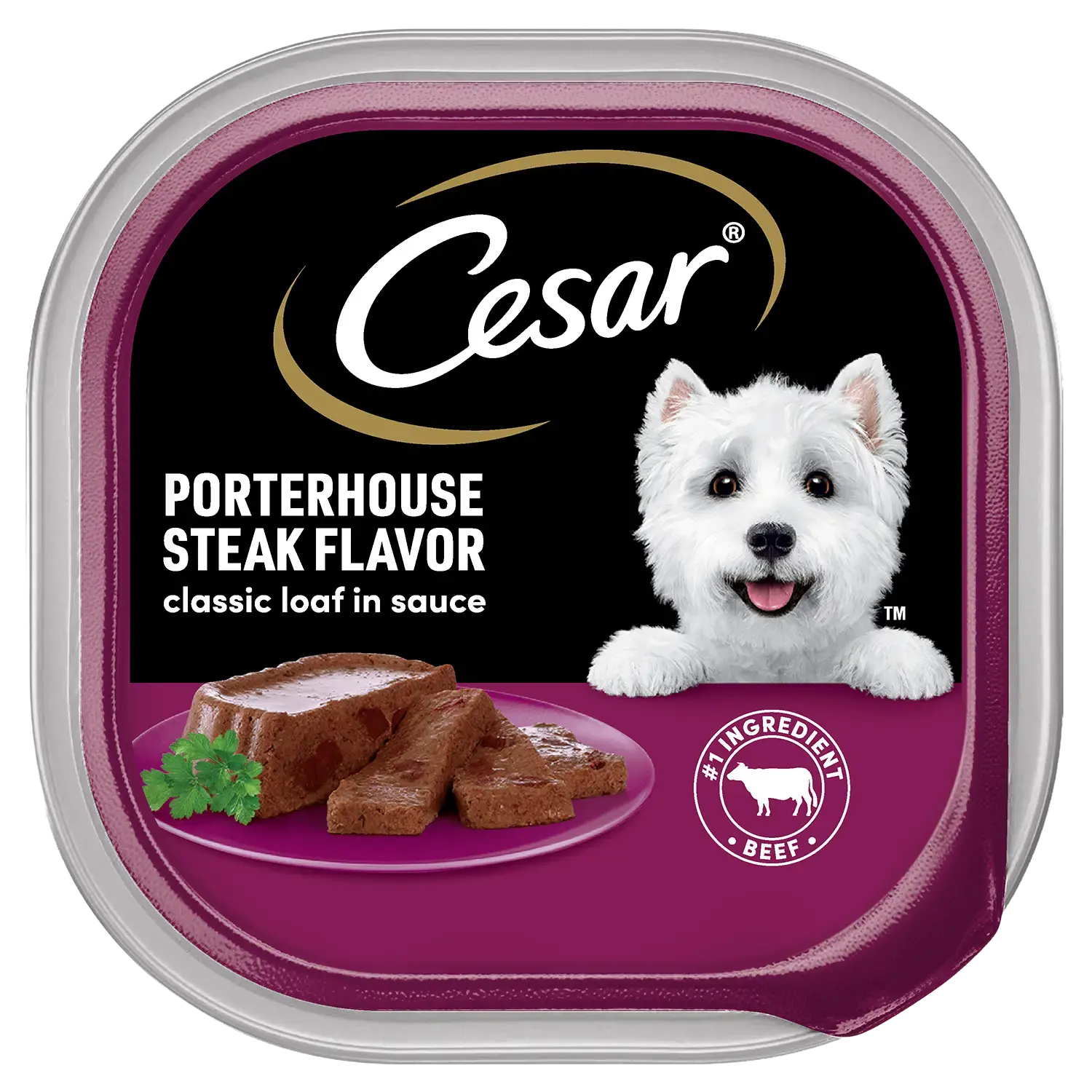 Front of Cesar Classic Loaf in Sauce Adult Wet Dog Food Porterhouse Steak 3.5-oz