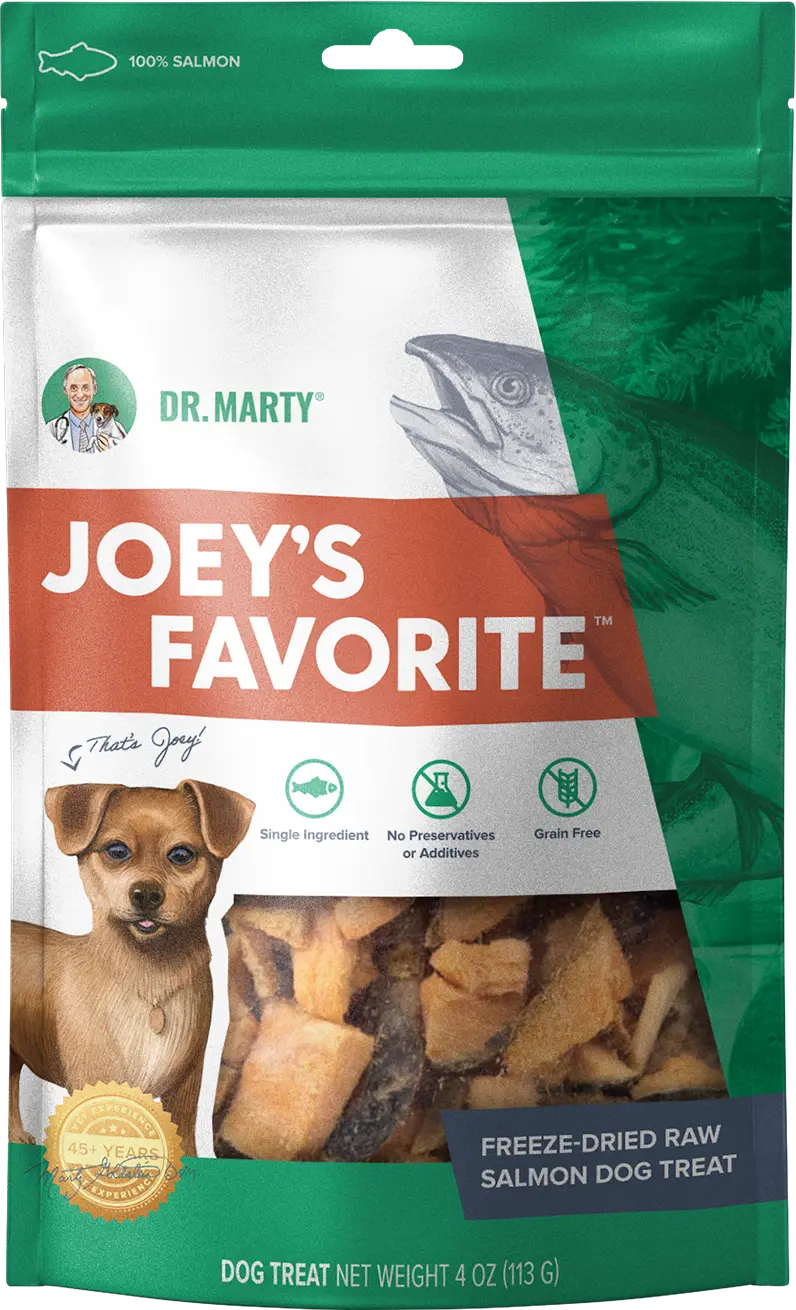 Front of Dr. Marty Joey's Favorite Freeze-Dried Dog Treats Salmon 4-oz