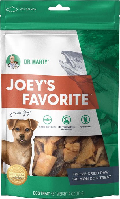 Front of Dr. Marty Joey's Favorite Freeze-Dried Dog Treats Salmon 4-oz