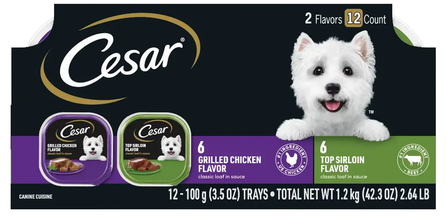 Front of Cesar Classic Loaf in Sauce Adult Wet Dog Food Variety Pack Grilled Chicken & Top Serloin 12 Count 42.3-oz