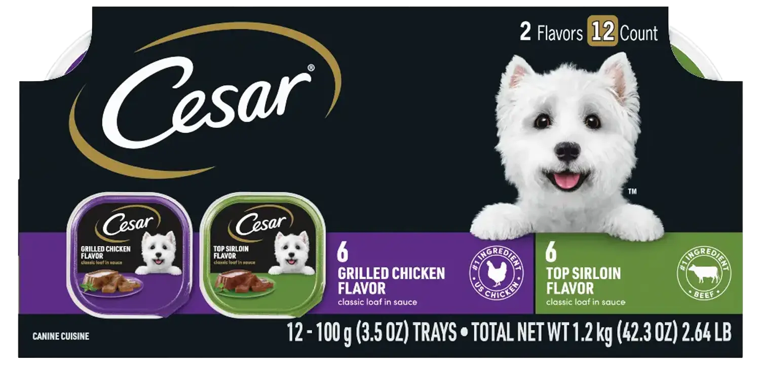 Front of Cesar Classic Loaf in Sauce Adult Wet Dog Food Variety Pack Grilled Chicken & Top Serloin 12 Count 42.3-oz