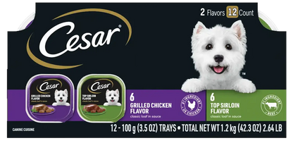 Front of Cesar Classic Loaf in Sauce Adult Wet Dog Food Variety Pack Grilled Chicken & Top Serloin 12 Count 42.3-oz