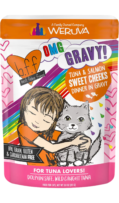 Front of Weruva B.F.F. OMG Tuna & Salmon Sweet Cheeks Dinner in Gravy Wet Cat Food Pouches 3-oz