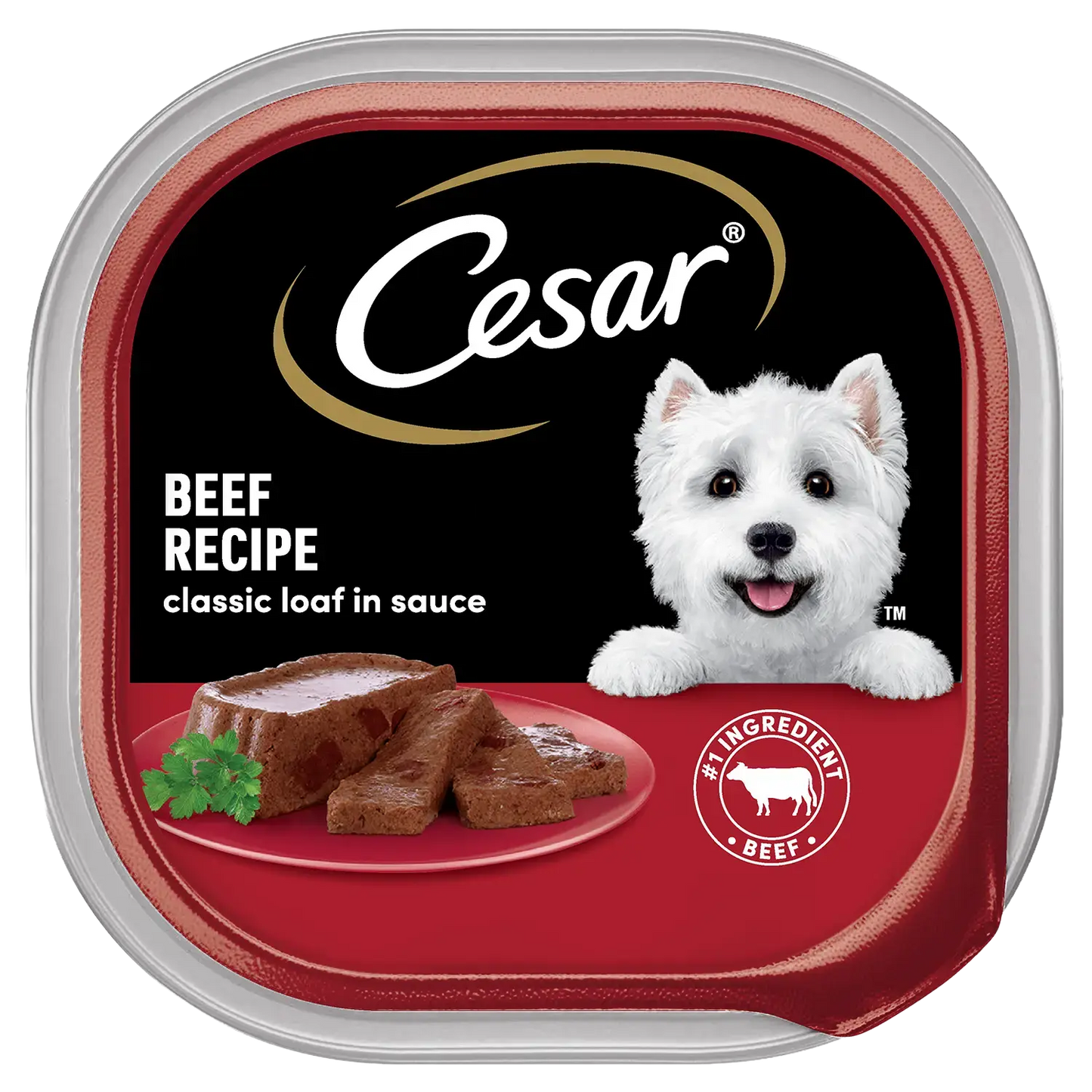 Front of  Cesar Classic Loaf in Sauce Adult Wet Dog Food Beef 3.5-oz