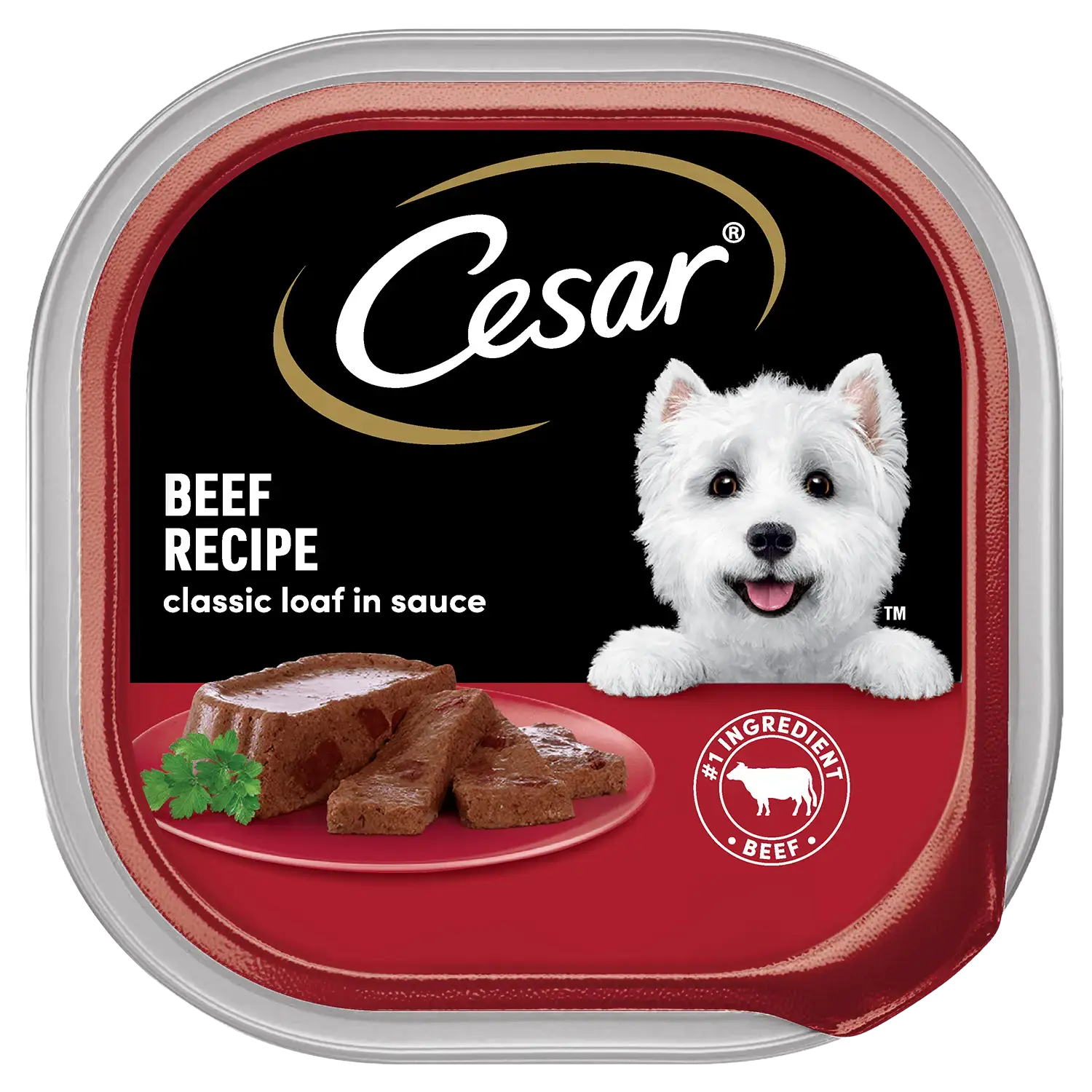 Front of  Cesar Classic Loaf in Sauce Adult Wet Dog Food Beef 3.5-oz