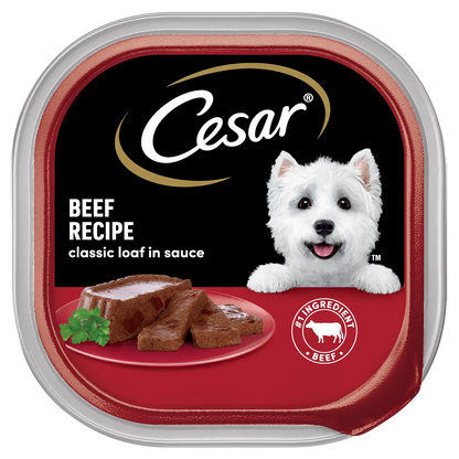 Front of  Cesar Classic Loaf in Sauce Adult Wet Dog Food Beef 3.5-oz