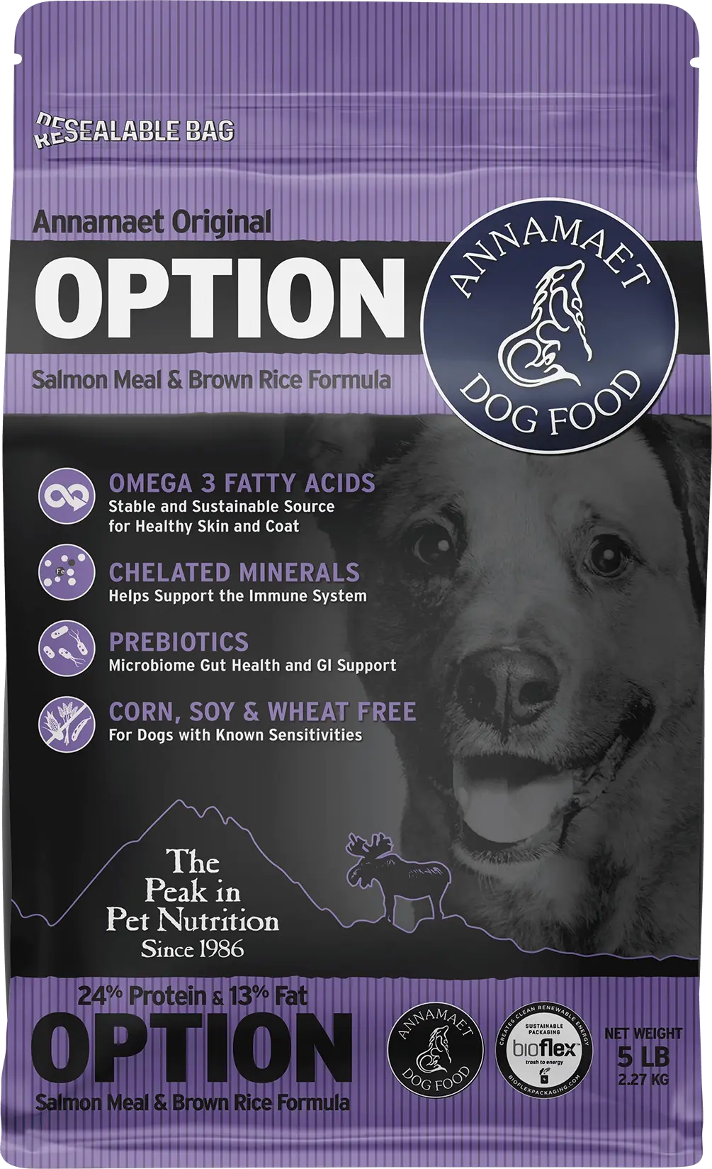 Front of Annamaet Original Option Dry Dog Food Salmon Meal & Brown Rice Formula 5-lb