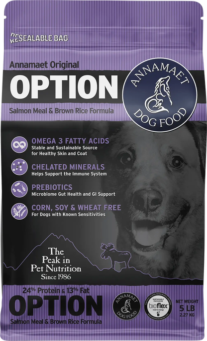 Front of Annamaet Original Option Dry Dog Food Salmon Meal & Brown Rice Formula 5-lb