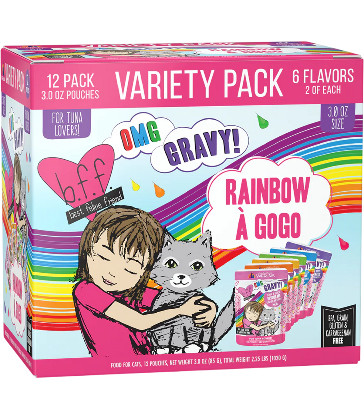 Front of Weruva B.F.F. OMG Rainbow À Gogo Variety Pack Wet Cat Food 3-oz Pouches 12 Count