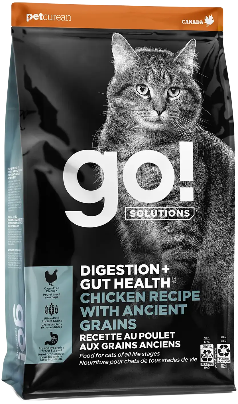 Front of Petcurean Go! Solutions Digestion & Gut Health Dry Cat Food Chicken with Ancient Grains 3-lb