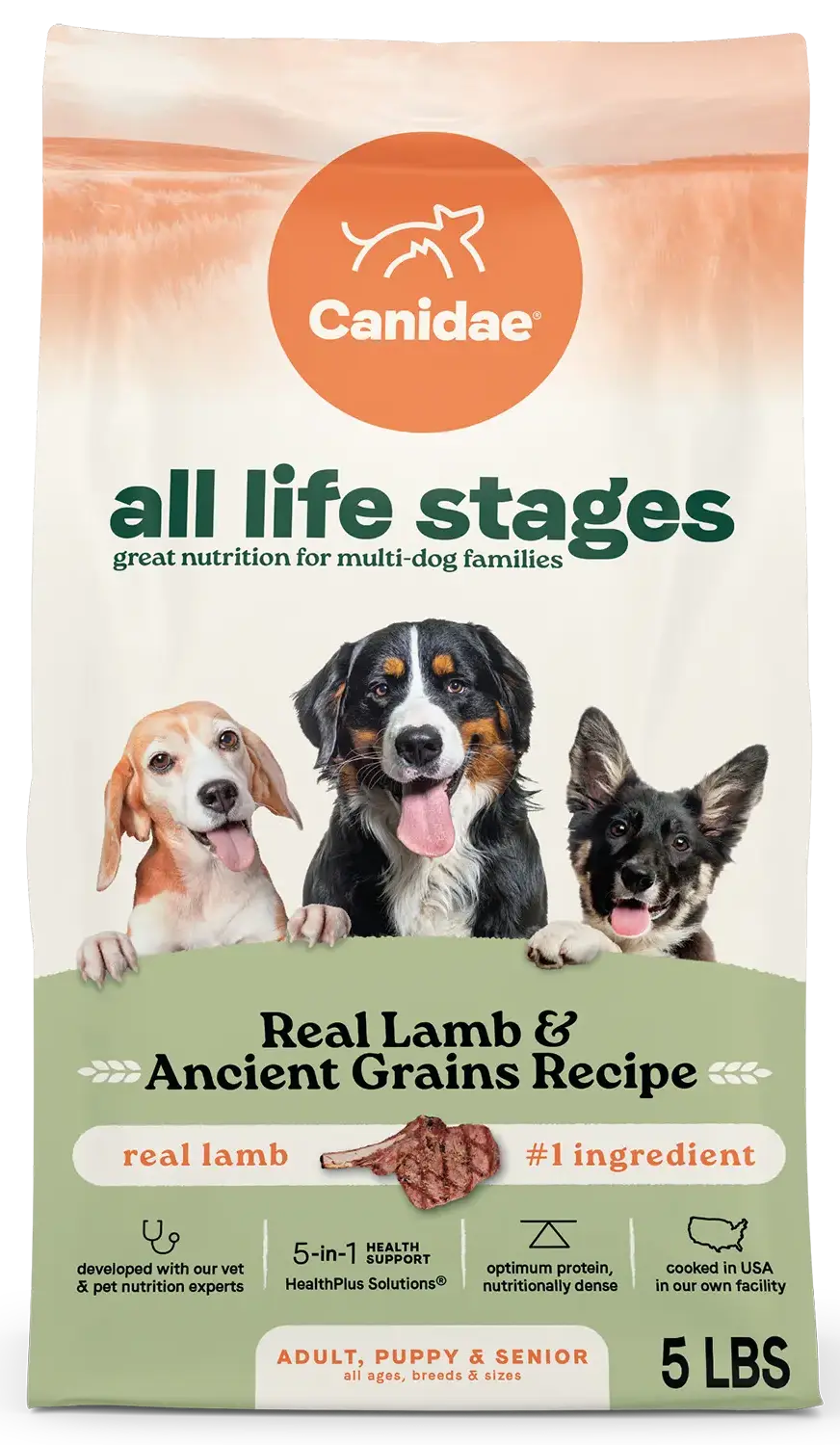 Front of Canidae All Life Stages Dry Dog Food Real Lamb & Ancient Grains Recipe 5- lb