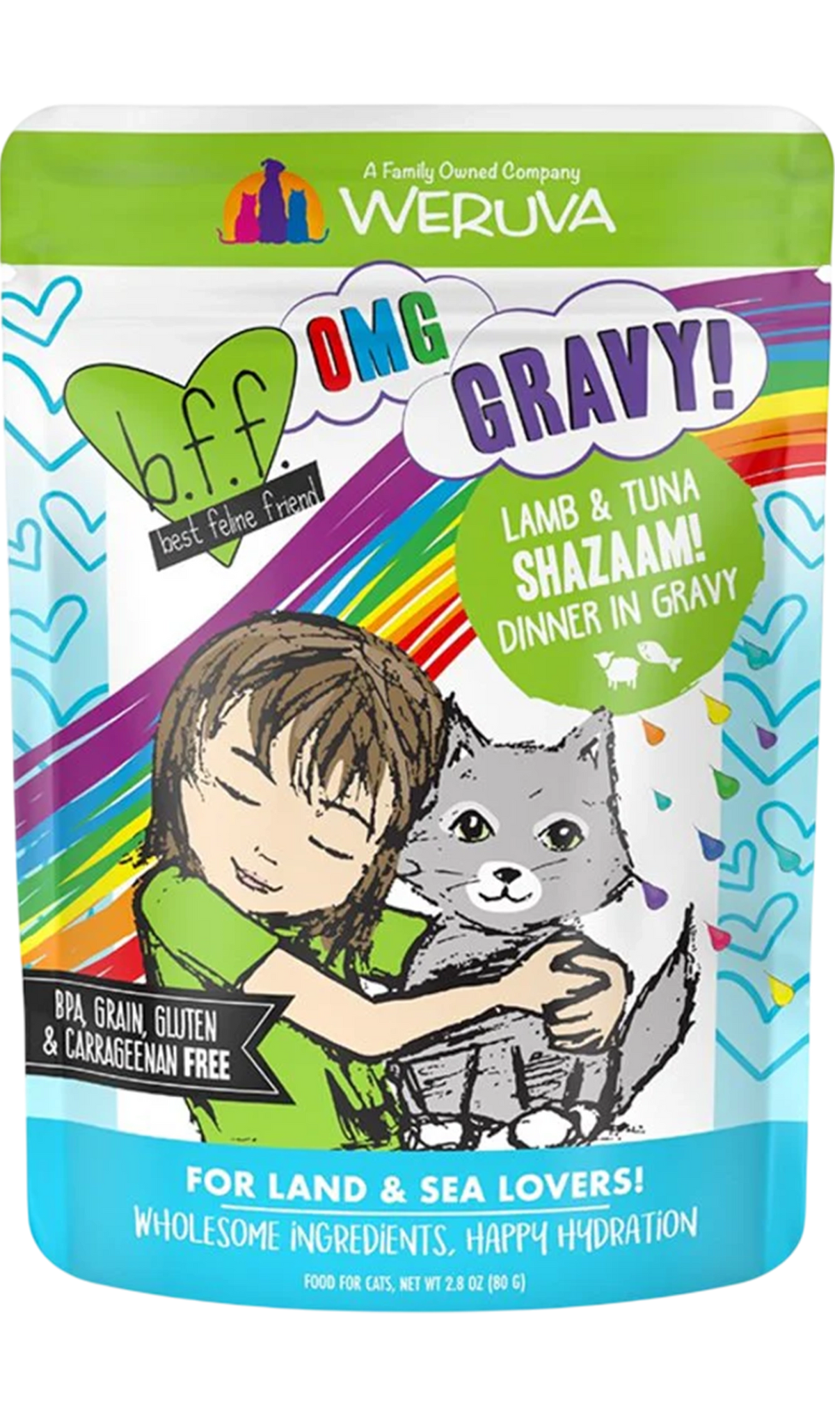 Front of Weruva B.F.F. OMG Lamb & Tuna Shazaam! Dinner in Gravy Wet Cat Food Pouches 2.8-oz