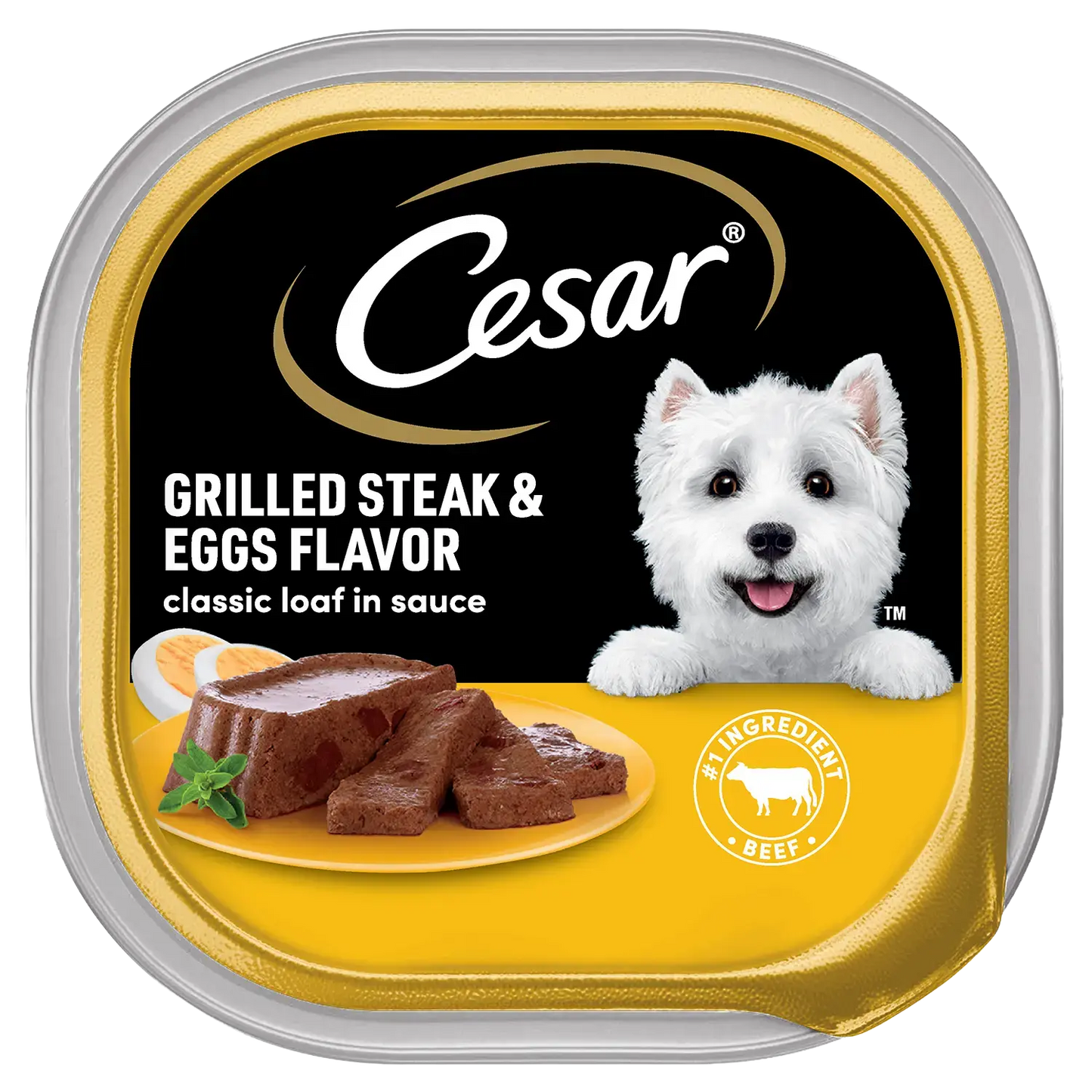 Front of Cesar Sunrise Classic Loaf in Sauce Adult Wet Dog Food Grilled Steak & Eggs 3.5-oz