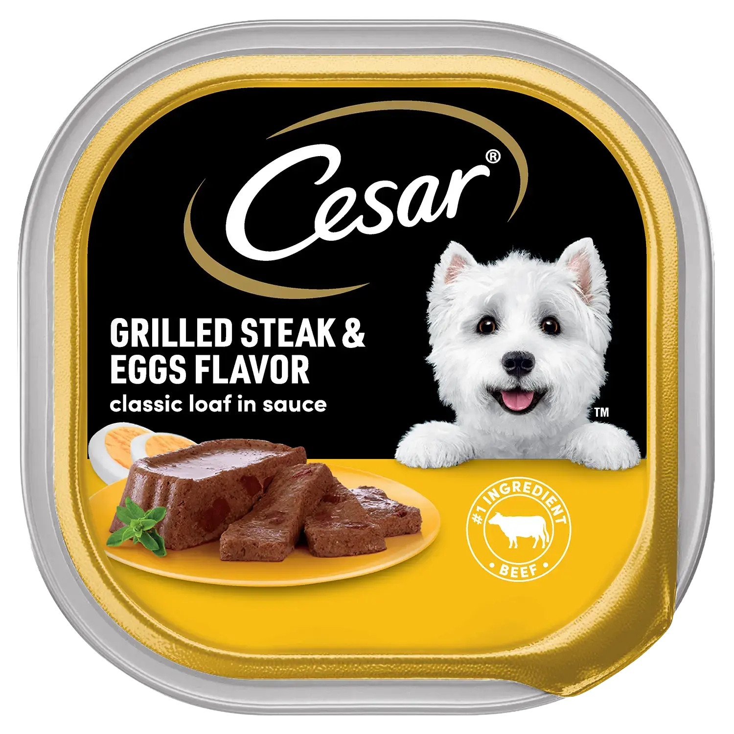 Front of Cesar Sunrise Classic Loaf in Sauce Adult Wet Dog Food Grilled Steak & Eggs 3.5-oz