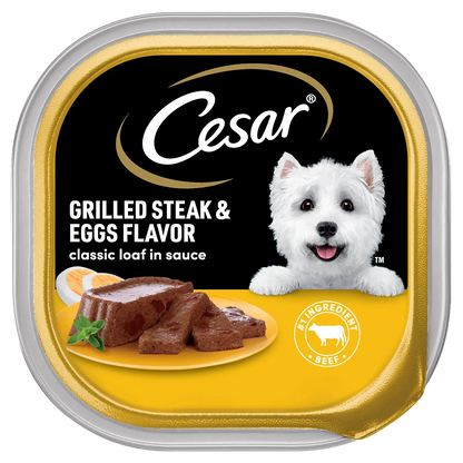 Front of Cesar Sunrise Classic Loaf in Sauce Adult Wet Dog Food Grilled Steak & Eggs 3.5-oz