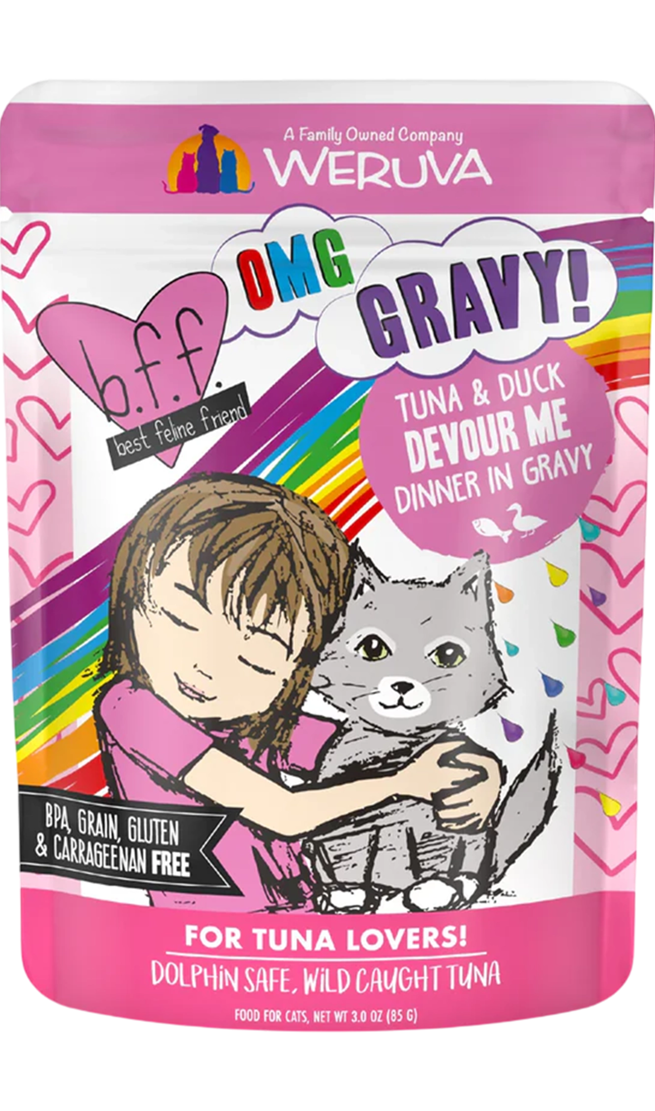 Front of Weruva B.F.F. OMG Tuna & Duck Devour Me Dinner in Gravy Wet Cat Food Pouches 3-oz