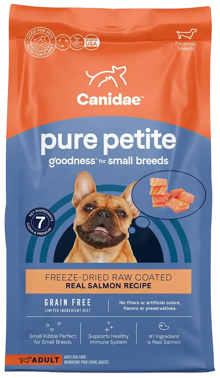 Front of CANIDAE PURE Petite Goodness for Small Breed Freeze-Dried Raw Coated Adult Dry Dog Food Salmon 4-lb
