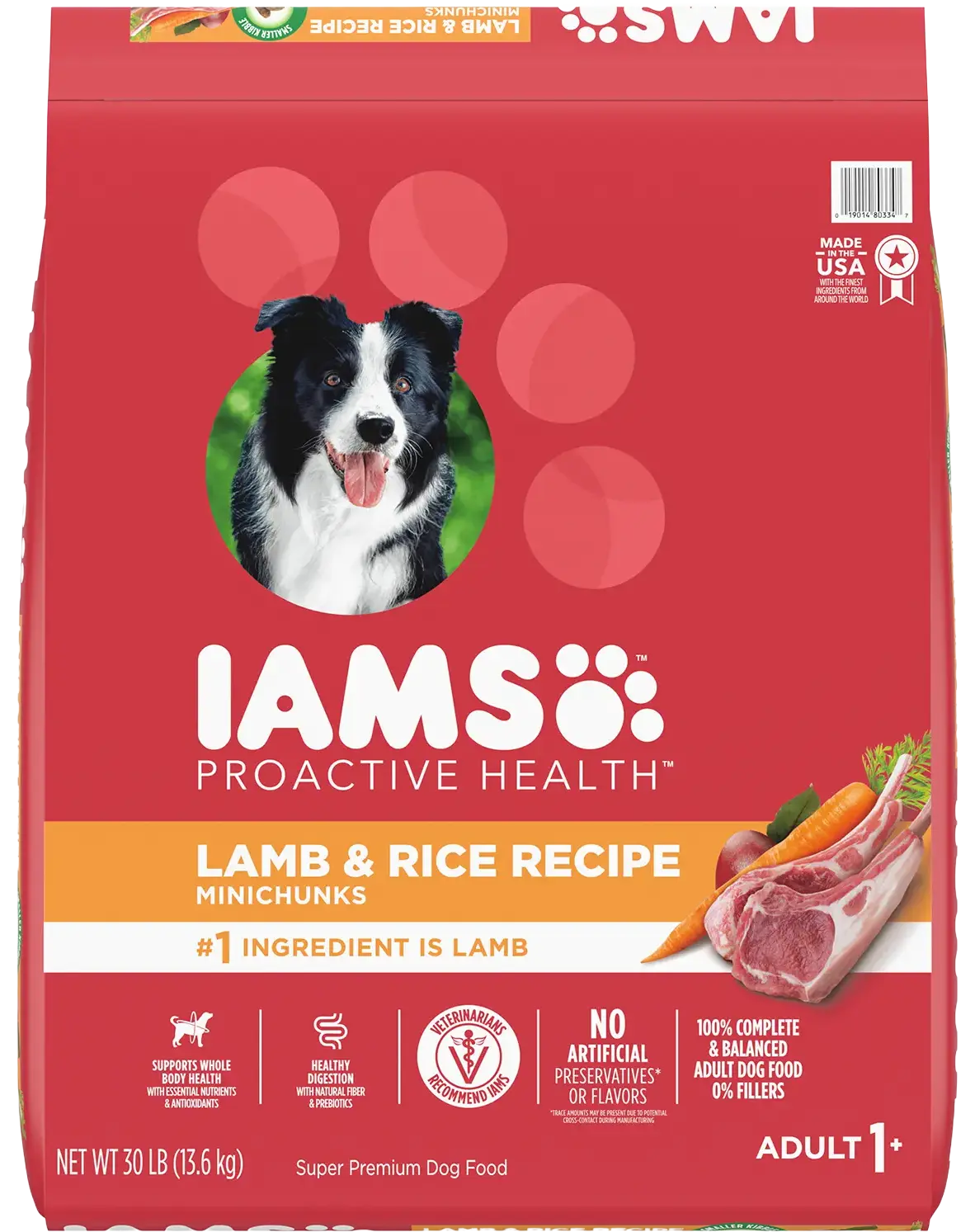 Front of IAMS Minichunks Adult Dry Dog Food Lamb & Rice 30-lb