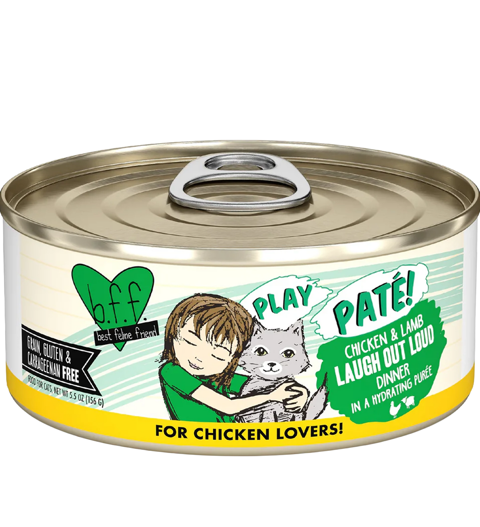 Front of Weruva B.F.F. PLAY Paté Chicken & Lamb Laugh Out Loud Dinner in a Hydrating Purée Wet Cat Food 5.5-oz