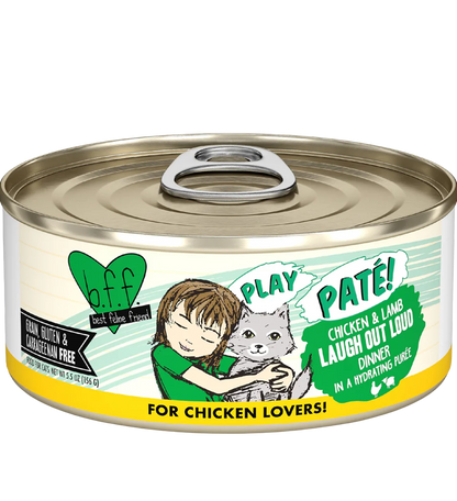 Front of Weruva B.F.F. PLAY Paté Chicken & Lamb Laugh Out Loud Dinner in a Hydrating Purée Wet Cat Food 5.5-oz