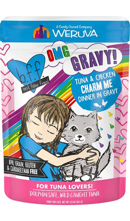 Front of Weruva B.F.F. OMG Tuna & Chicken Charm Me Dinner in Gravy Wet Cat Food Pouches 3-oz