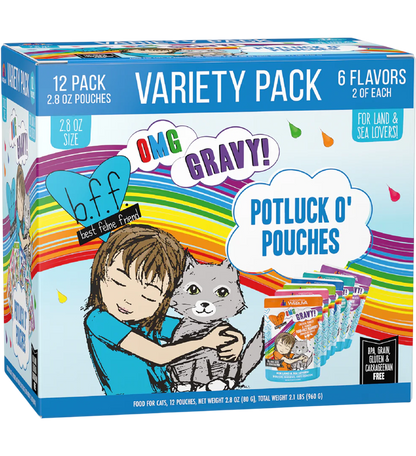 Front of Weruva B.F.F. OMG Potluck O' Pouches Variety Pack Wet Cat Food 2.8-oz Pouches 12 Count