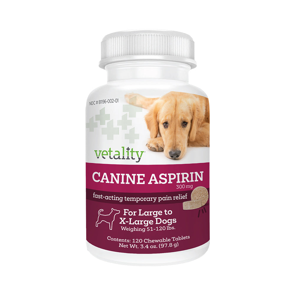 Front of Vetality Canine Aspirin Chewable Tablets 300mg for Large to XL Dogs 120 Count