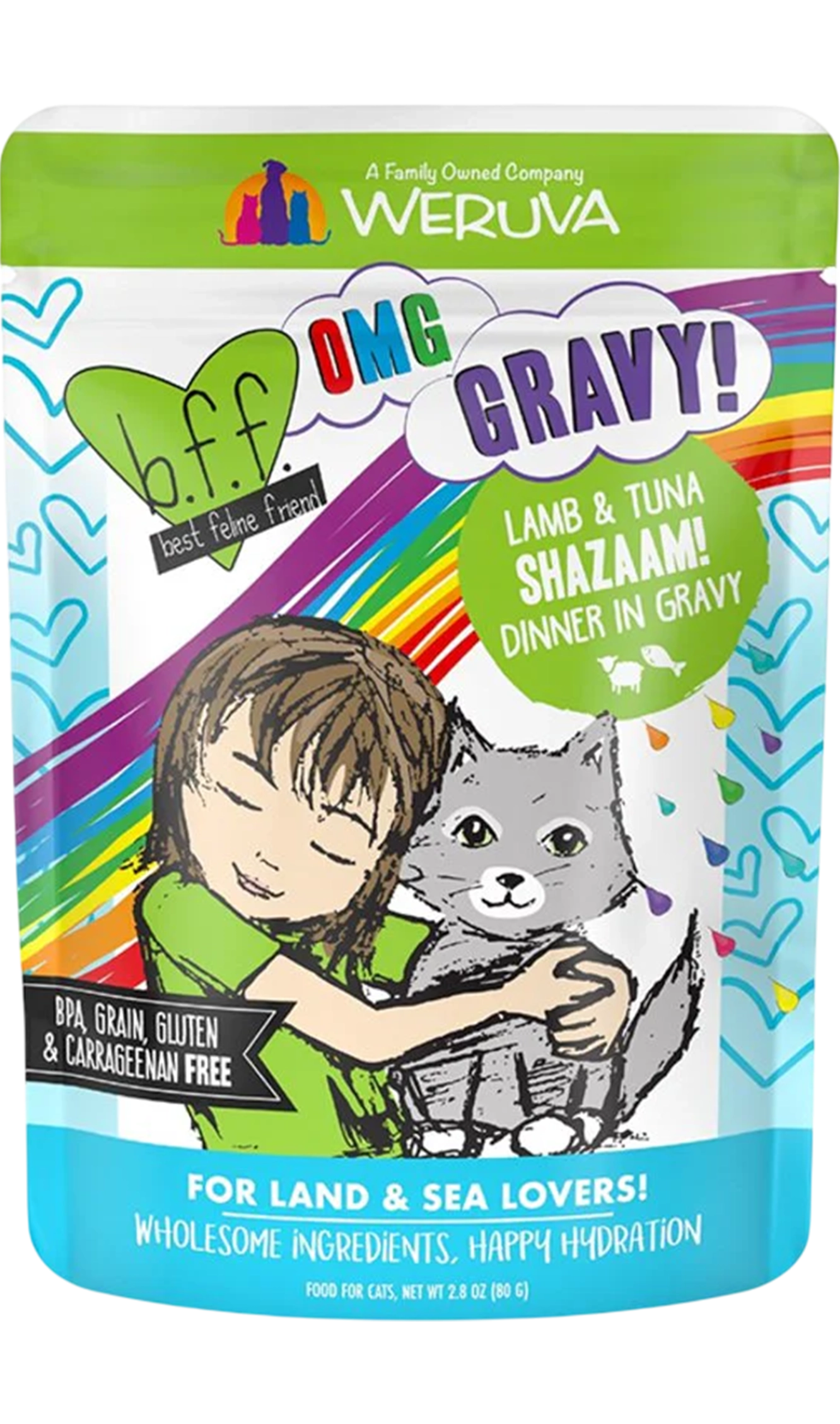 Front of Weruva B.F.F. OMG Lamb & Tuna Shazaam! Dinner in Gravy Wet Cat Food Pouches 2.8-oz