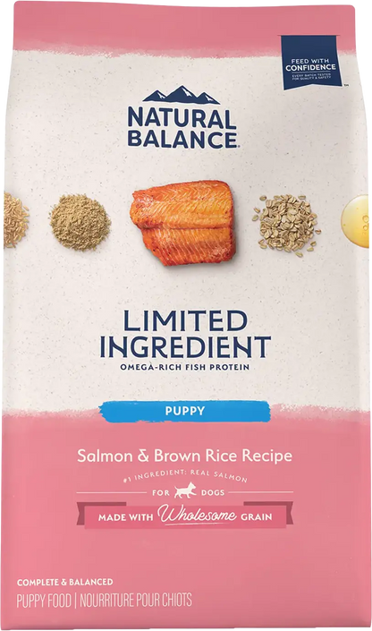 Front of Natural Balance Pet Foods Limited Ingredient Puppy Dry Food Salmon & Brown Rice 24-lb